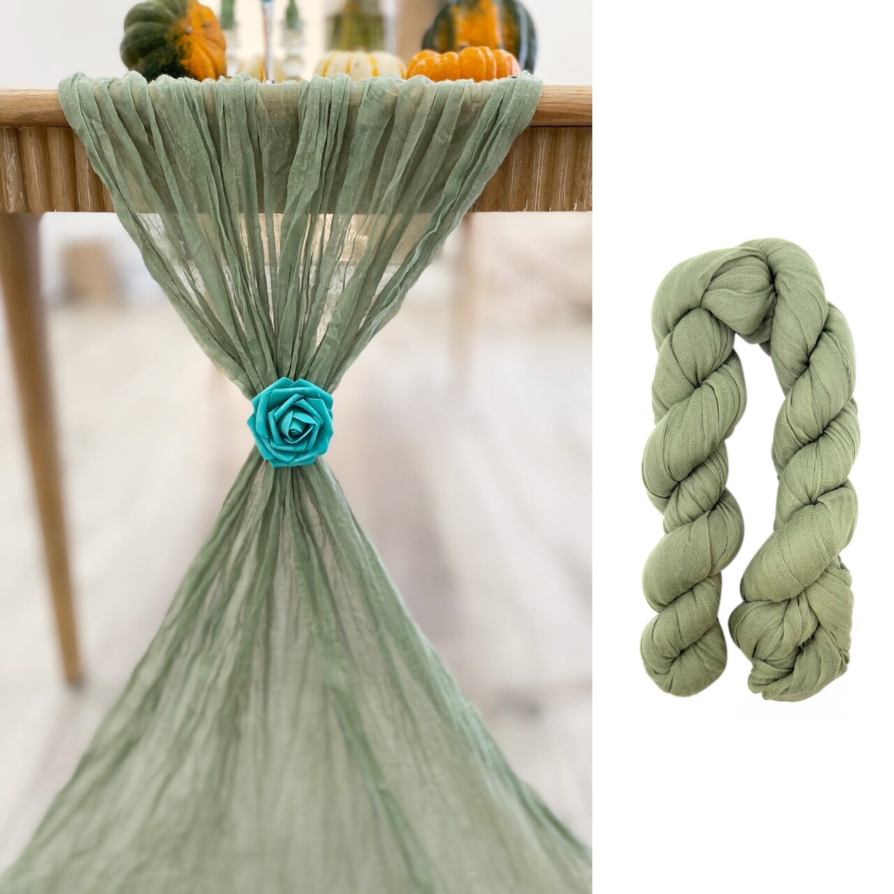 Wrapables 10Ft Bohemian Cheesecloth Gauze Table Runner for Rustic Weddings, Parties, Home Decor, Moss Green